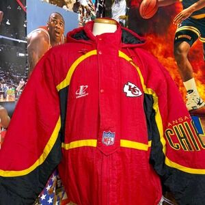 Vintage 90s Kansas City Chiefs Logo Athletic NFL Puffer Jacket Red Black Sz 2XL